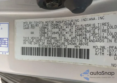 2004 Toyota Sienna Le из США, поврежденный, VIN 5TDZA23C84S003172